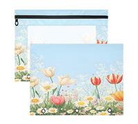 JiangGgen Beautiful Watercolor Tulip 2 Pack 3 Ring Binder Pencil Pouch,Binder Pencil Case with Clear Window Zipper Big Capacity Pencil Bags