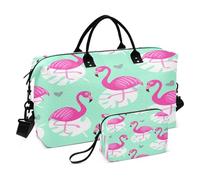 JiangGgen Cartoon Flamingo Quilted Weekender Travel Bag with Toiletry Bag Gym Tote Handbag Carry On Duffel Bags-2Pack