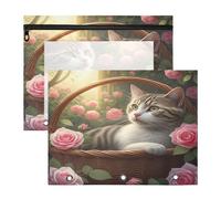 JiangGgen Cat in Basket 2 Pack 3 Ring Binder Pencil Pouch,Binder Pencil Case with Clear Window Zipper Big Capacity Pencil Bags