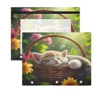 JiangGgen Cat in The Basket 2 Pack 3 Ring Binder Pencil Pouch,Binder Pencil Case with Clear Window Zipper Big Capacity Pencil Bags