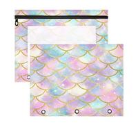 JiangGgen Colored Mermaid Scale 2 Pack 3 Ring Binder Pencil Pouch,Binder Pencil Case with Clear Window Zipper Big Capacity Pencil Bags