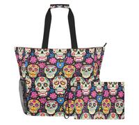 JiangGgen Colorful Sugar Skulls Beach Tote,Waterproof Beach Totes Bag Pool Bag