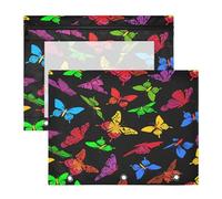 JiangGgen Colourful Butterflies 2 Pack 3 Ring Binder Pencil Pouch,Binder Pencil Case with Clear Window Zipper Big Capacity Pencil Bags
