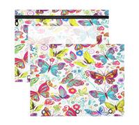 JiangGgen Colourful Butterflies 2 Pack 3 Ring Binder Pencil Pouch,Binder Pencil Case with Clear Window Zipper Big Capacity Pencil Bags
