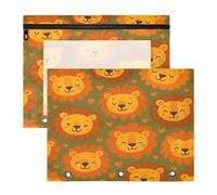 JiangGgen Cute Lion Faces 2 Pack 3 Ring Binder Pencil Pouch,Binder Pencil Case with Clear Window Zipper Big Capacity Pencil Bags