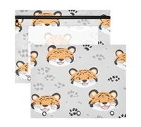 JiangGgen Cute Tiger Faces 2 Pack 3 Ring Binder Pencil Pouch,Binder Pencil Case with Clear Window Zipper Big Capacity Pencil Bags
