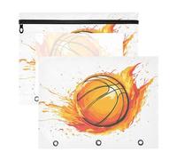 JiangGgen Flaming Basketball 2 Pack 3 Ring Binder Pencil Pouch,Binder Pencil Case with Clear Window Zipper Big Capacity Pencil Bags