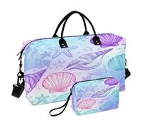 JiangGgen Hand Drawn Sea Shells Quilted Weekender Travel Bag with Toiletry Bag Gym Tote Handbag Carry On Duffel Bags-2Pack