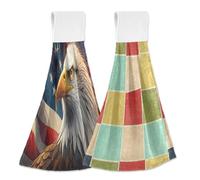 JiangGgen Hanging Kitchen Towels 2-Pack,American Flag and Eagle Color Lattice Absorbent Hand Towel with with Hanging Loop Dish Towels for Kitchen, Bathroom, Home Decor Soft Dish Cloths