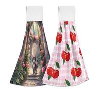 JiangGgen Hanging Kitchen Towels 2-Pack,Cat in The Garden Cherries Absorbent Hand Towel with with Hanging Loop Dish Towels for Kitchen, Bathroom, Home Decor Soft Dish Cloths