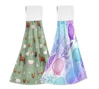 JiangGgen Hanging Kitchen Towels 2-Pack,Hand Drawn Farm Animals Hand Drawn Sea Shells Absorbent Hand Towel with with Hanging Loop Dish Towels for Kitchen, Bathroom, Home Decor Soft Dish Cloths