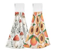 JiangGgen Hanging Kitchen Towels 2-Pack,Red Mushrooms Peach Absorbent Hand Towel with with Hanging Loop Dish Towels for Kitchen, Bathroom, Home Decor Soft Dish Cloths