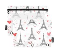 JiangGgen Heart and Eiffel Tower Binder Pockets, Zippered Binder Pockets Large Capacity,Water-Resistant,3-Ring Binder Pocket 2Pack for Home,Office,School
