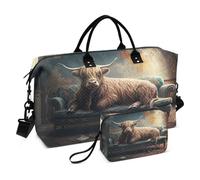 JiangGgen Highland Cow on The Couch Quilted Weekender Travel Bag with Toiletry Bag Gym Tote Handbag Carry On Duffel Bags-2Pack
