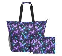 JiangGgen Neon Purple Butterflies Beach Tote,Waterproof Beach Totes Bag Pool Bag