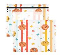 JiangGgen Striped Basketballs 2 Pack 3 Ring Binder Pencil Pouch,Binder Pencil Case with Clear Window Zipper Big Capacity Pencil Bags