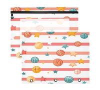 JiangGgen Striped Basketballs 2 Pack 3 Ring Binder Pencil Pouch,Binder Pencil Case with Clear Window Zipper Big Capacity Pencil Bags