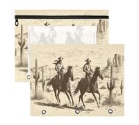JiangGgen West Cow Boy 2 Pack 3 Ring Binder Pencil Pouch,Binder Pencil Case with Clear Window Zipper Big Capacity Pencil Bags