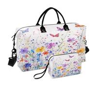JiangGgen Wildflowers Butterflies Quilted Weekender Travel Bag with Toiletry Bag Gym Tote Handbag Carry On Duffel Bags-2Pack