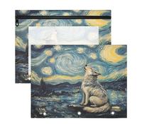 JiangGgen Wolf Howling at The Moon 2 Pack 3 Ring Binder Pencil Pouch,Binder Pencil Case with Clear Window Zipper Big Capacity Pencil Bags