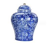 Jiangguan, Retro Blue and White Ginger Jar Porcelain Vase with Lid Decorative Painted Glazed Ceramic Chinoiserie Temple(18 * 26cm)