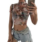 JIANGKE Angel Print Mesh Sexy T-Shirt Cropped Top Turtleneck Short Sleeve Graphic T-Shirt Women Streetwear Harajuku Shirts-Khaki,M