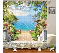 JIANGLANY Outside Balcony Scenery Shower Curtain Garden Hallway Blue Green Image Art Bathroom Decor Natural Waterproof Garden Curtain with Hooks (2, 180x180cm)