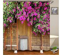 JIANGLANY Purple Floral Shower Curtain Vintage Rustic Wooden Door Flowers and Leaves Garden Shower Curtain with Hooks 3D Image Street Scenery Bathroom Curtain Set (1, 200x200cm)
