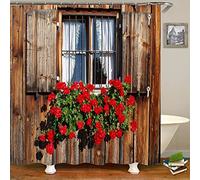 JIANGLANY Retro Shower Curtain with Window Scene, Mediterranean Style Wooden Cottage with Open Window, Window View Shower Curtain for Bathroom, 180x180cm Fabric Bathroom Set with Hooks (4)