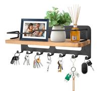 JiangLin Wooden Key Holder for Wall, Decorative Key Hooks, Wall Key Rack with 7 Key Hook, Key Holder with Shelf Organiser for Entrance, Hallway, Bedroom, Living Room (Black)