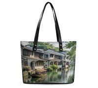 Jiangnan Water Towns Tote Bag Large Soft Leather Purse with Zipper Lightweight Ladies Shoulder Handbag