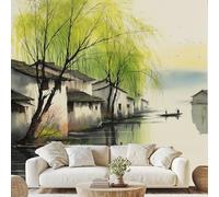 Jiangnan Water Village Chinese Style Mural Wallpaper Green Willow River Bird Wall Stickers Watercolor Painting Non-Woven Wall Paper 400x280 cm Peel and Stick Paper for Living Room Bedroom ds202m