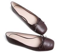 JiangWei Shu Women's Bow Knot Square Toe Ballet Flats Slip On Walking Wedding Soft Shoes, 4-dark Brown, 5 UK