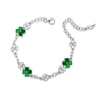 JIANGXIN 925 Sterling Silver Birthstone Chain Link Bracelet for Women Girl Lucky Four leaf clover Gemstone Created Emerald Fine Jewellery Good Luck Shamrock Birthday Gift