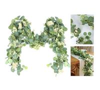 JIANGZHIB Pack of 2 Artificial Eucalyptus Garlands, Artificial Garland Plant with Leaves, Green Leaves, White Flower, 1.8 m Hanging Eucalyptus Decoration for Background, Wedding Decoration