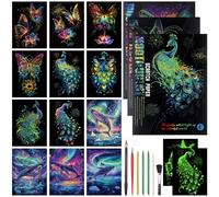 JIANTA Glow in The Dark Rainbow Scratch Art, 12 Sheets Luminous Rainbow Scratchboard with 7 Tools, Scratch Painting Paper Engraving Art Kit, Butterfly+Peacock+Whale
