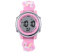 jianxiang Kids Digital Sport Watches for Girls Boys, Waterproof Outdoor LED Timer with 7 Colors Backlight 3D Cartoon Silicone Band Child Wristwatch, Pink Unicorn, Japanese