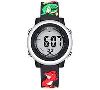 Jianxiang Kids Digital Sport Watches for Girls Boys, Waterproof Outdoor LED Timer with 7 Colors Backlight 3D Cartoon Silicone Band Child Wristwatch, Dinosaurs Black, Digital