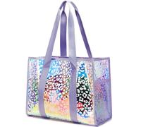 JIANYA Beach Bag, Tip-Proof Waterproof Pool Bag Shoulder Bag with Pockets for Work, Travel, Gym, Beach & Pool, Iridescent - White Leopard Print, One Size