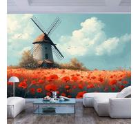 JIAOQSS Custom Wallpaper 3D Mural Windmill Field of red Poppies Modern Windmill Field of red Poppies modernPhoto Creative DIY Wall Art Decoration Decal for Living Room Dining Room Bedroom Decor