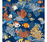 JIAOQSS Removable Wallpaper Tropical Fish Coral Blue Sea Fish Stick on Wallpaper Waterproof Sticky Back Plastic Living Room Bedroom Wall Furniture Vinyl Wrap