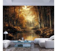 JIAOQSS Wall Mural 3D Background Autumn Forest by River Modern Style Autumn Forest by River Modern styleSelf Adhesive Removable Wall Background Painting Panorama 3D Wall Home Decoration
