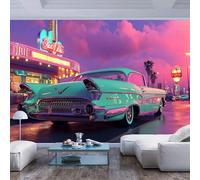 JIAOQSS Wall Mural Wallpaper 3D Vintage Styled car neon lit Scene Vintage Styled car neon lit scenePeel and Stick Wall Paper Home Decor Non-Woven 3D Living Room The Wall for Bedroom Border