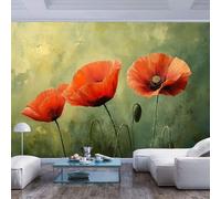 JIAOQSS Wallpaper 3D Papers Three red Poppies on Green hued Three red Poppies on Green hued Interior Decor 3D Panel Wall Bathroom Restaurant Hall Living Room Hallway