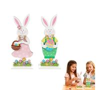 JiaQuenWex Easter Bunny Decorations - Set of 2 Wooden Rabbit Standing Ornaments, Easter Table Decorations for Indoor Garden Dining Living Room Holiday Display