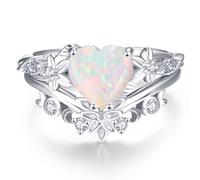 JIARUI 14K White Gold Plated 925 Sterling Silver Moon Phase Engagement Promise Ring for Women, 9, Stone, Silver Opal