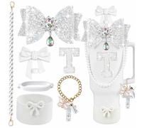 JIASHEBDE 7 Pcs Letter Charms Accessories Set for Stanley Cup, White Bow Straw Topper, Silicone Boot, Handle Strap, Pearl Keychain, Pearl Handle Strap for 30oz & 40oz Tumbler (White, Letter T)