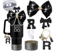 JIASHEBDE 7PCS Bling Tumbler Accessories Set for Stanley Cup 20/30/40oz, Bow Straw Topper, Rhinestone Initial Charm, Glitter Silicone Boot & Spill Stopper Gift for Women (R, Black 2.0 Midnight)