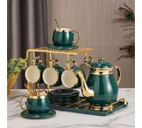 Jiawinng Afternoon Tea Coffee Cup and Saucer Set with Metal Holder, 8 OZ Cups & Saucer Service for 6, European Ceramic Tea Set for Adults Suitable for Home Office Wedding Gifts,D