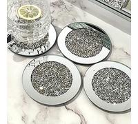 Jiawu 4 Pcs Glass Mirrored Coaster 4x4inch Crushed Cup Mat Tabletop Decor for Restaurant Kitchen Bar Dining Table, Shaped Non-Slip Beveled Edge Drink Coasters (Silver)